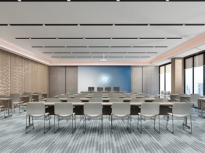Spacious Modern Conference Room With Tables Chairs Blue Backdrop Wall And Windows 3d model