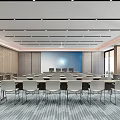Spacious Modern Conference Room With Tables Chairs Blue Backdrop Wall And Windows