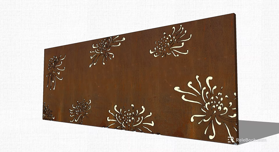 Brown Metal Background Wall With Rustic Texture And White Chrysanthemum Patterns 3d model