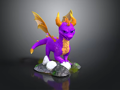 Purple Dragon Figurine With Yellow Horns Wings And Rock Base With White Stones Green Moss 3d model