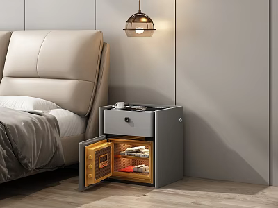 Modern Bedside Table With Open Drawer Storage Next To Beige Bed And Pendant Light 3d model