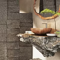 Bathroom Interior Design With Wooden Beams Stone Wall Black Bathtub Round Mirror And Plant