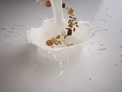 Ceramic Bowl with Splashing Milk and Mixed Nuts Seeds on White Background 3d model