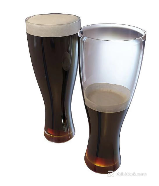 Two Tall Clear Glasses Filled With Dark Beverage And Foam Top 3d model 
