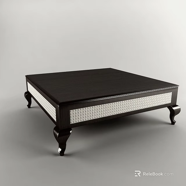 Elegant Black Wooden Coffee Table With White Woven Panel And Carved Legs 3d model 