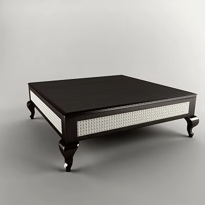 Elegant Black Wooden Coffee Table With White Woven Panel And Carved Legs 3d model