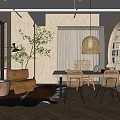 Modern Study Room Interior With Wooden Bookshelf Writing Desk And Rattan Pendant Lamp