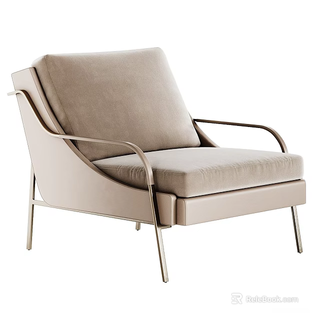 Modern Beige Upholstered Leisure Chair With Curved Metal Frame And Arms 3d model 