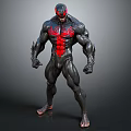 Muscular Black And Red Superhero Character 3D Model With Standing Pose And Detailed Design