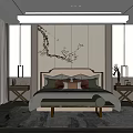 Modern Elegant Bedroom With Plum Blossom Branch Decor Table Lamps Bench And Large Window Rug