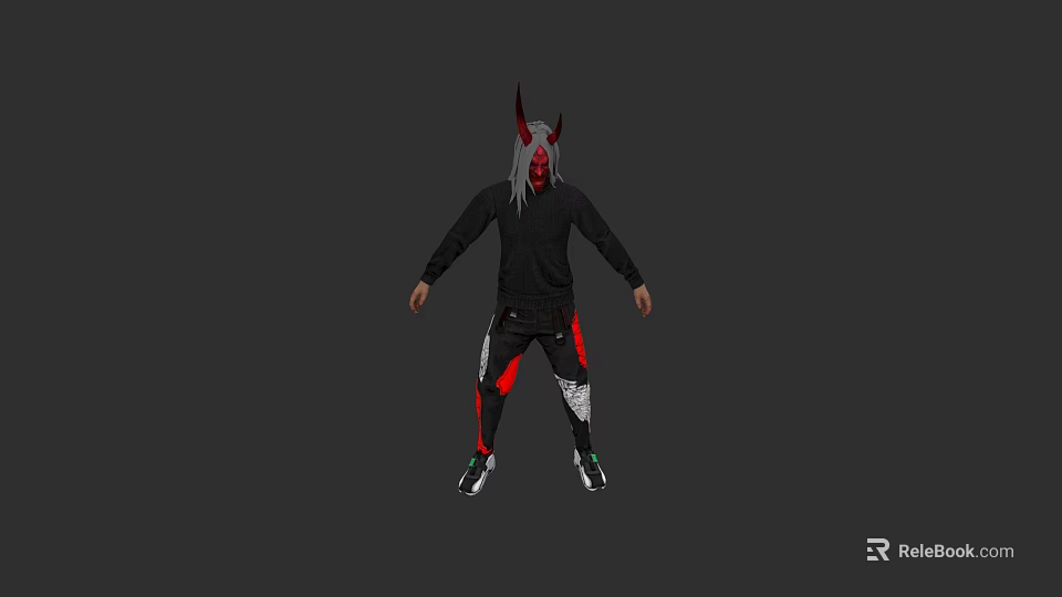 Game Character Design With Red Horns Silver Long Hair Black Top Red Black Pants 3d model 