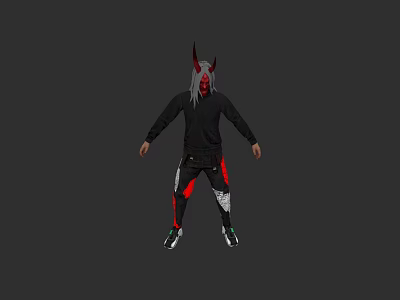 Game Character Design With Red Horns Silver Long Hair Black Top Red Black Pants 3d model