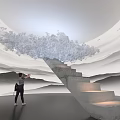 Cloud Like Art Installation With Concrete Staircase And Person Photographing In Minimalist Mountain Space