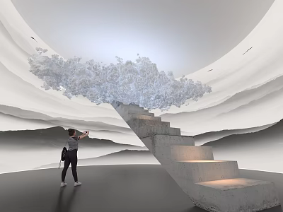Cloud Like Art Installation With Concrete Staircase And Person Photographing In Minimalist Mountain Space 3d model