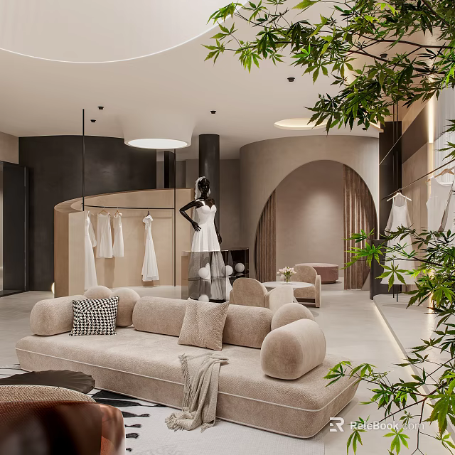 Elegant Wedding Dress Store Interior With Sofas Green Plants And Dresses 3d model 