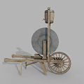 Ancient Wooden Wheelbarrow With Large Wheel And Hanging Bucket Structure