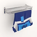 Silver Foldable Towel Rack with Blue Towel Mounted on White Wall Design 3d model