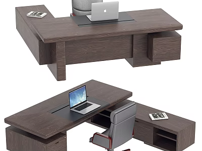 Dark Wooden Office Desk With Laptop Chair And Drawers On Work Surface 3d model