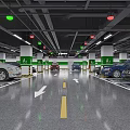 Modern Parking Lot with Parked Cars Floor Markings Arrows And Green White Columns