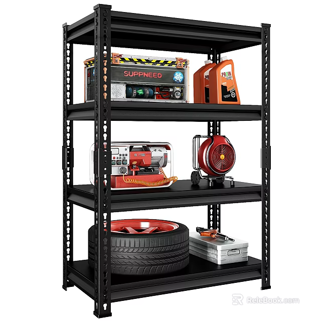 Heavy Duty Garage Storage Shelf With Tools Tire Power Drill Toolbox And Measuring Tape 3d model 