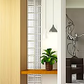 Modern Foyer Hallway With Glass Screen Pendant Light Decorative Vase And Green Plant