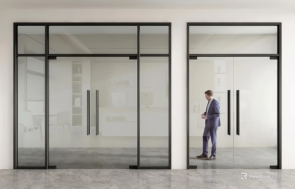 Glass Double Doors in Modern Office Interior with Businessman Standing Beside and Black Frames 3d model 