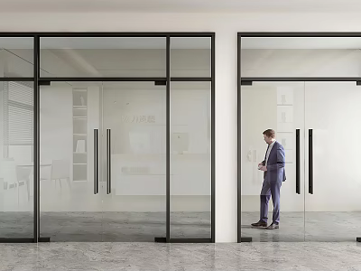 Glass Double Doors in Modern Office Interior with Businessman Standing Beside and Black Frames 3d model