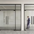 Glass Double Doors in Modern Office Interior with Businessman Standing Beside and Black Frames
