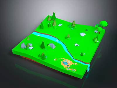 Green 3D Landscape Model With River Trees Stones And Small Lake 3d model