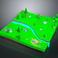 Green 3D Landscape Model With River Trees Stones And Small Lake