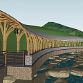 Outdoor Wooden Pergola With Arched Design White Canopy Surrounded By Trees And Stream Walkway
