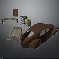 Vintage Car Model And Wooden Scenery Components With Bench Crate House And Shelf