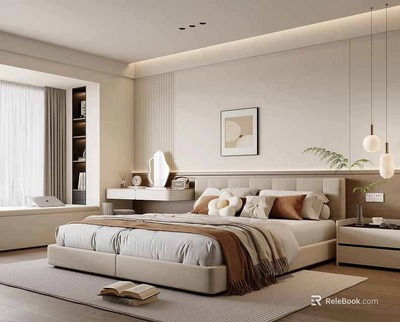 Modern Cozy Bedroom Interior With Double Bed Soft Pillows Warm Blanket And Hanging Lights 3d model 