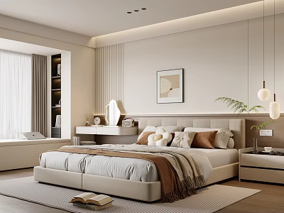 Modern Cozy Bedroom Interior With Double Bed Soft Pillows Warm Blanket And Hanging Lights 3d model
