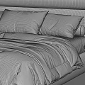 Modern Wabi Sabi Fabric Upholstered Double Bed With Cozy Bedding And Minimalist Round Side Nightstands
