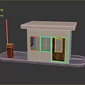 Small Beige Building With Wooden Door Windows And Red Striped Pole