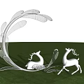 Modern Landscape Sculpture with Curved Leaf Like Structure and White Deer Figures in Grassland
