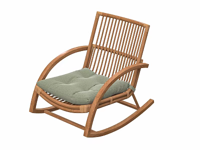 Natural Wooden Rocking Chair With Slatted Back And Green Cushion Design 3d model