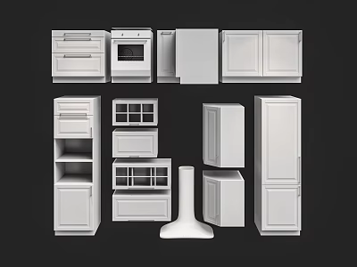 White Kitchen Cabinets With Various Styles Including Drawers Glass Doors And Oven Units 3d model