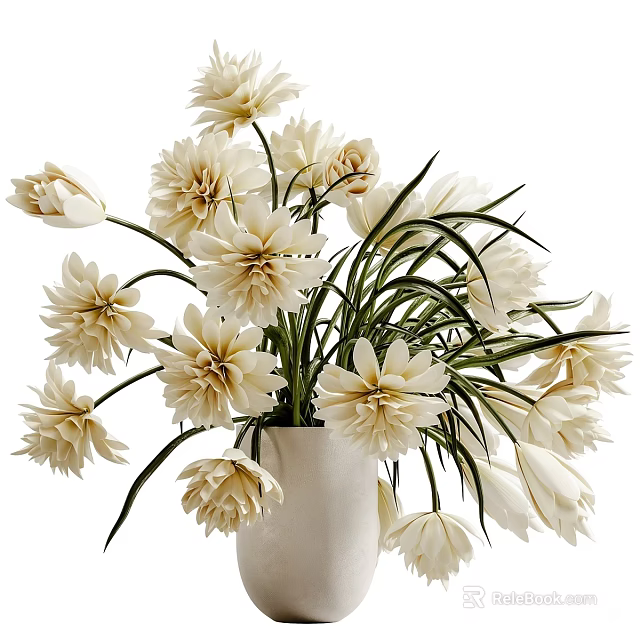 White Ceramic Vase With Fresh White Flowers and Green Leaves for Home Decorative Arrangement 3d model 