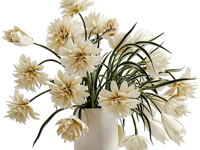 White Ceramic Vase With Fresh White Flowers and Green Leaves for Home Decorative Arrangement 3d model