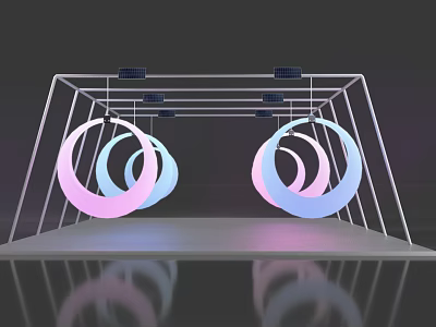 Modern Display Structure With Illuminated Pink Blue Gradient Rings And Reflective Floor 3d model