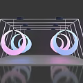 Modern Display Structure With Illuminated Pink Blue Gradient Rings And Reflective Floor