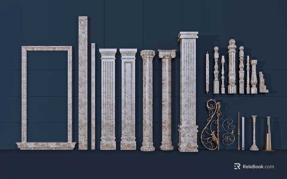 Different Styles of Roman Columns with Ornate Carvings and Decorative Frames 3d model 