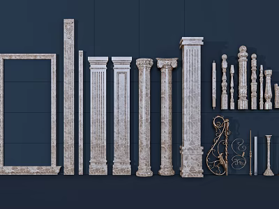 Different Styles of Roman Columns with Ornate Carvings and Decorative Frames 3d model