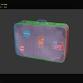 Blue Vintage Suitcase Decorated With Colorful Stickers Shibuya Label And Cartoon Character