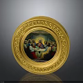 Golden Round Decorative Plate With Ornate Carved Frame And The Last Supper Painting