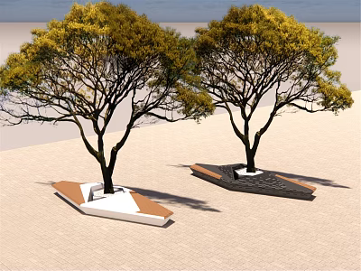 Modern Tree Planter Design With Two Trees Geometric Light And Dark Bases On Sandy Ground 3d model