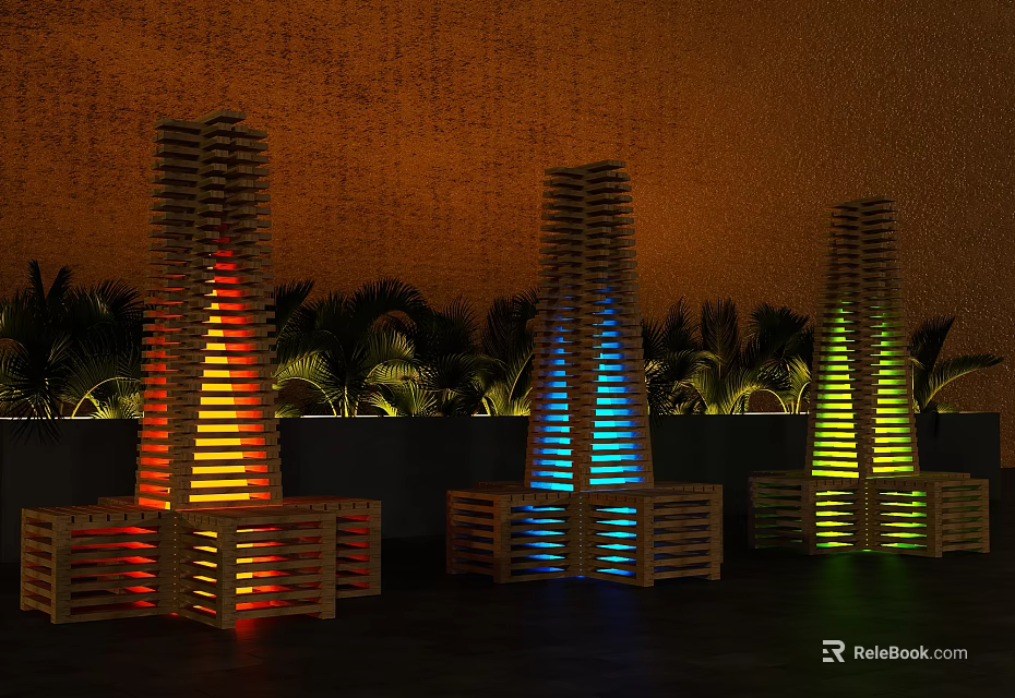 Outdoor Chair With Stacked Wooden Planks Colorful Lights And Green Plants By Orange Wall 3d model 