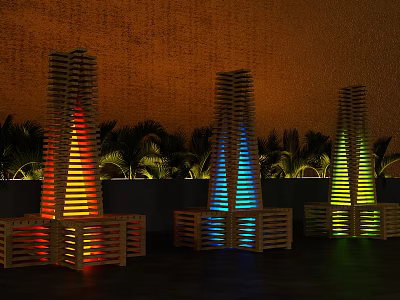 Outdoor Chair With Stacked Wooden Planks Colorful Lights And Green Plants By Orange Wall 3d model